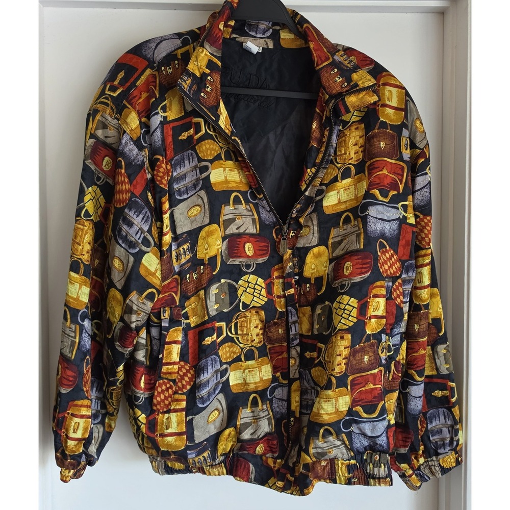 Fuda International Silk Jacket XL Multicolor Handbag Print Vintage Unisex Coat